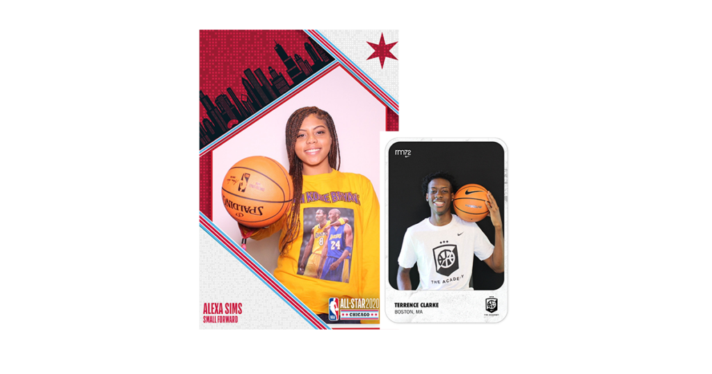 Player cards of one boy and one girl holding basketball