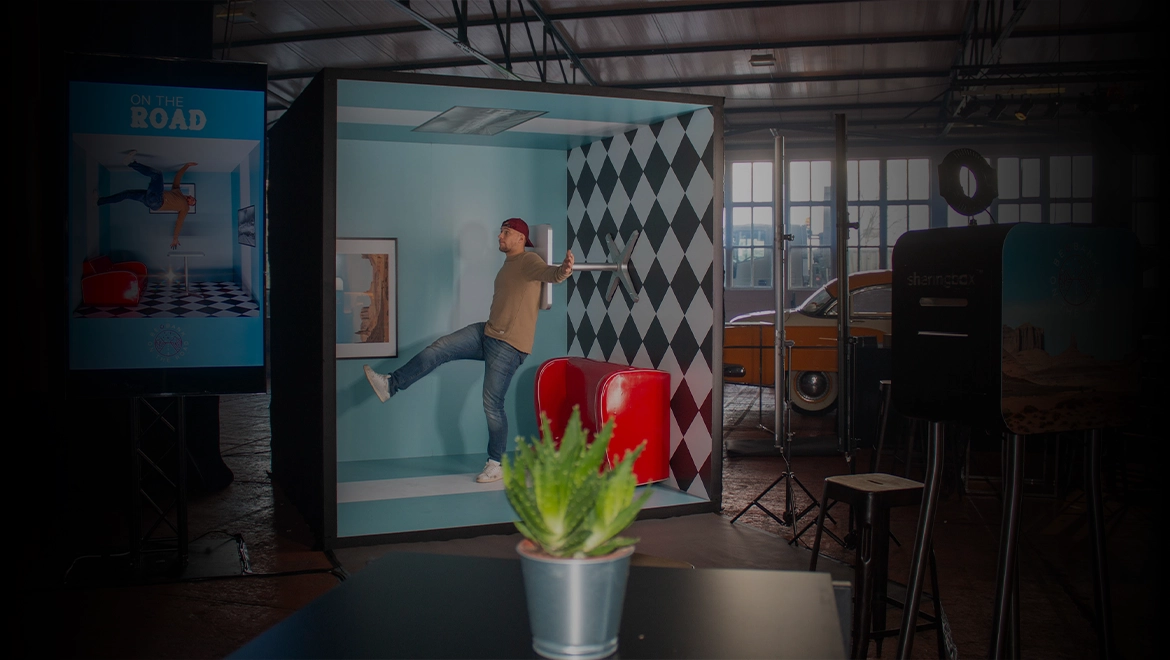 Man sitting on table in gravity box