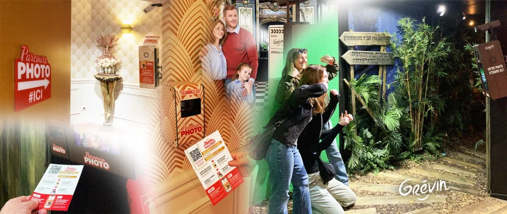 Bezoekers volgen het 'Parcours Photo' bij een attractie, met displays die de fotografische reis laten zien en QR-codes om momenten vast te leggen