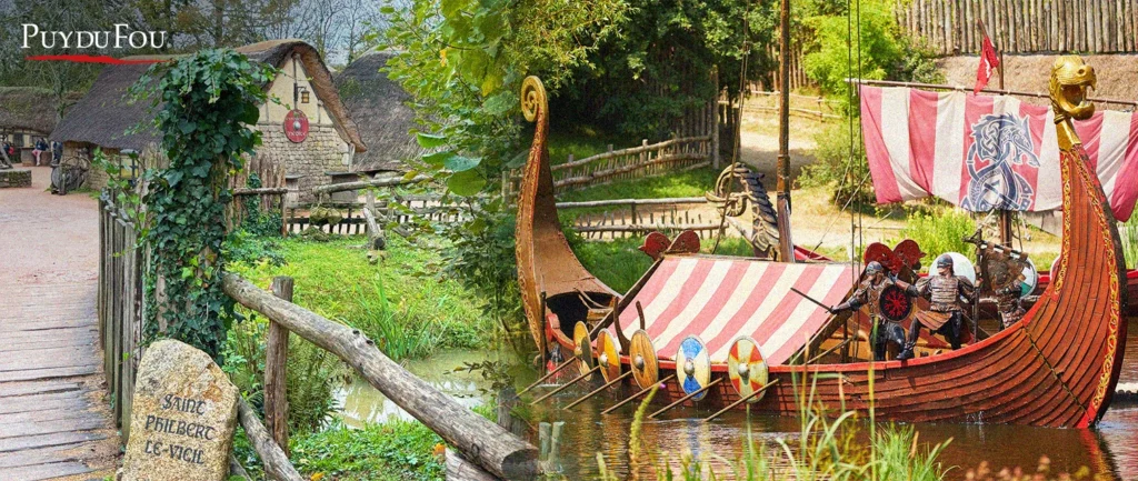 Themed Viking ship and historical village at Puy du Fou, creating an authentic historical atmosphere