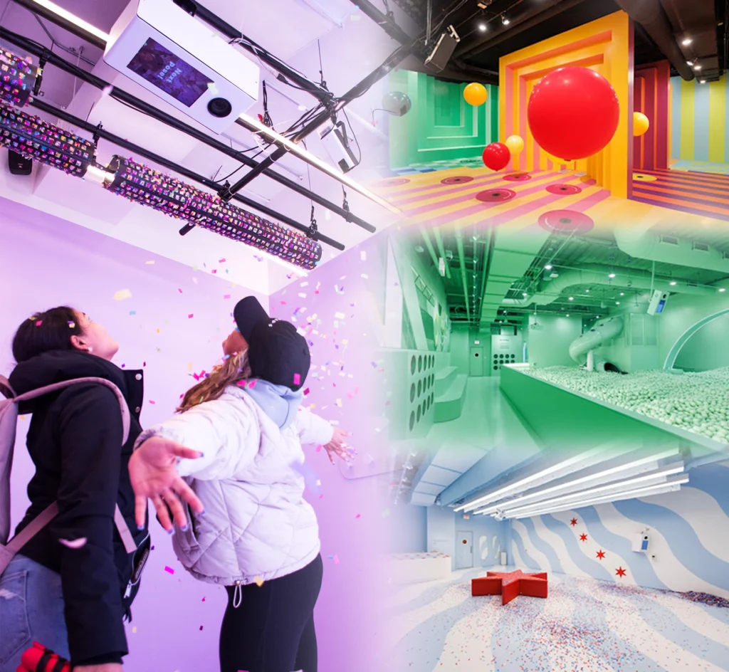Confetti regent neer op verrukte bezoekers in een grillige, kleurrijke ruimte, compleet met camera's boven het hoofd om het plezier in de Color Factory vast te leggen.