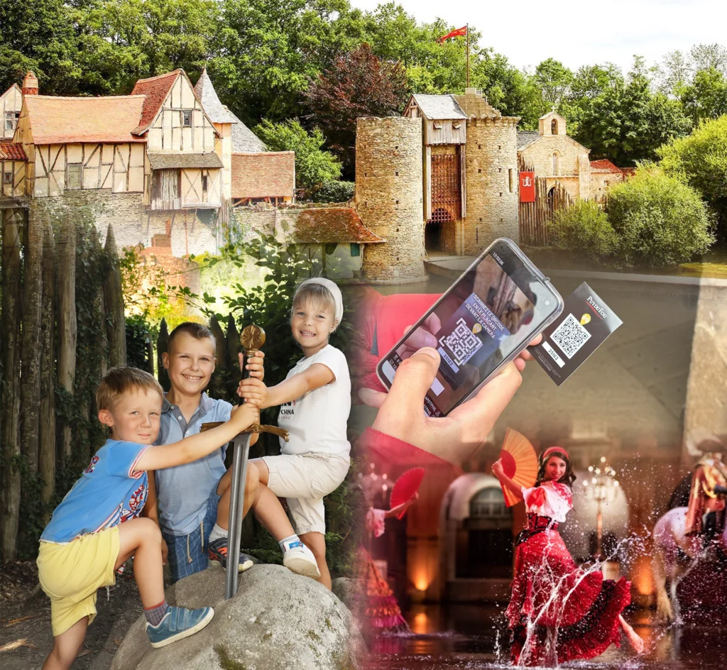 Kinderen bij Puy du Fou bezig met een historisch display, met interactieve mobiele scan voor foto's