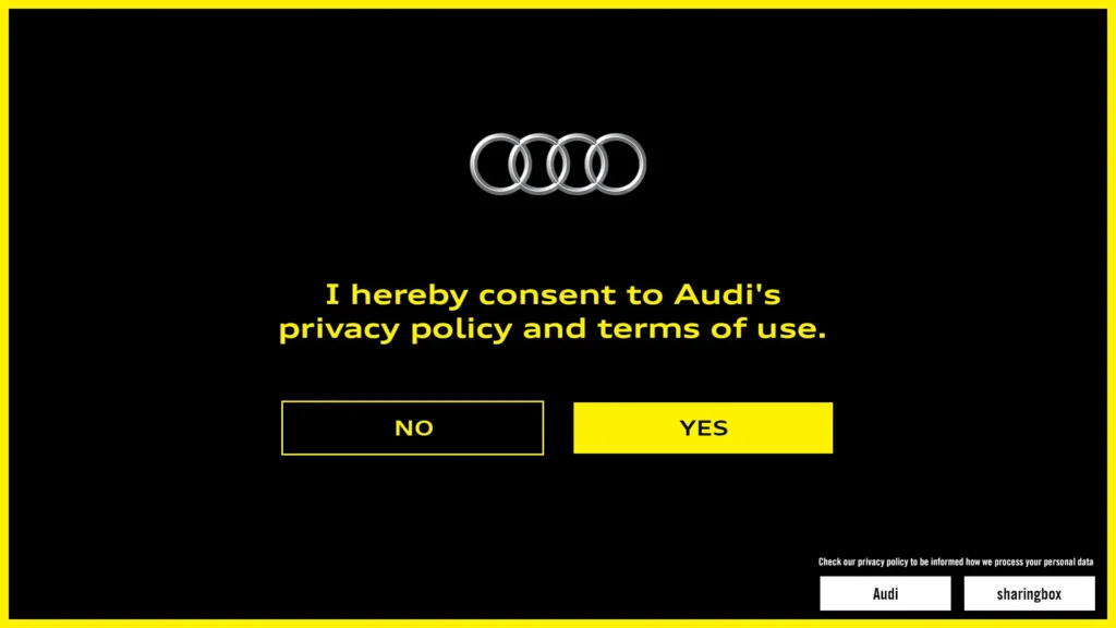 Audi Event Photobooth Privacy Consent - Nehmen Sie vertrauensvoll an den Photobooth-Events der Marke Audi teil, mit einer klaren Bestätigung der Datenschutzrichtlinien und -bedingungen.