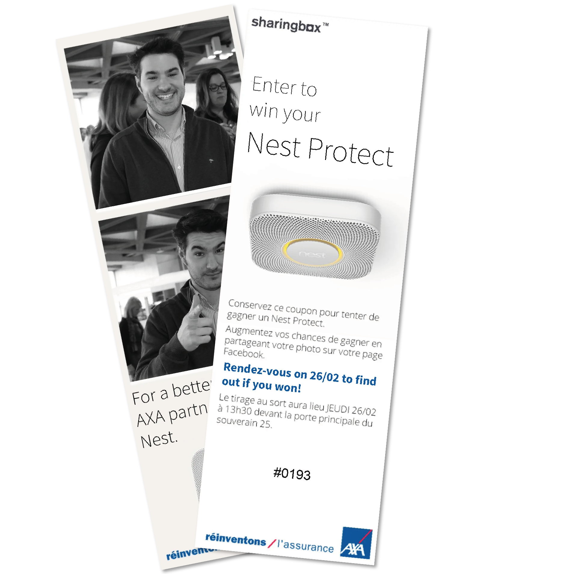 Un dépliant promotionnel de sharingbox représentant un jeune homme, avec les détails d'un événement de distribution de Nest Protect en partenariat avec l'assurance AXA.