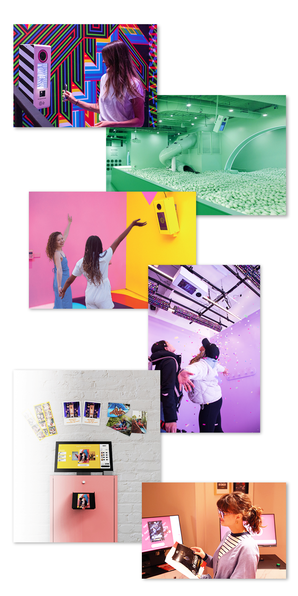 Collage van Scan & Capture-ervaringen met een groen scherm, fotoafdrukken en vrolijke deelnemers.