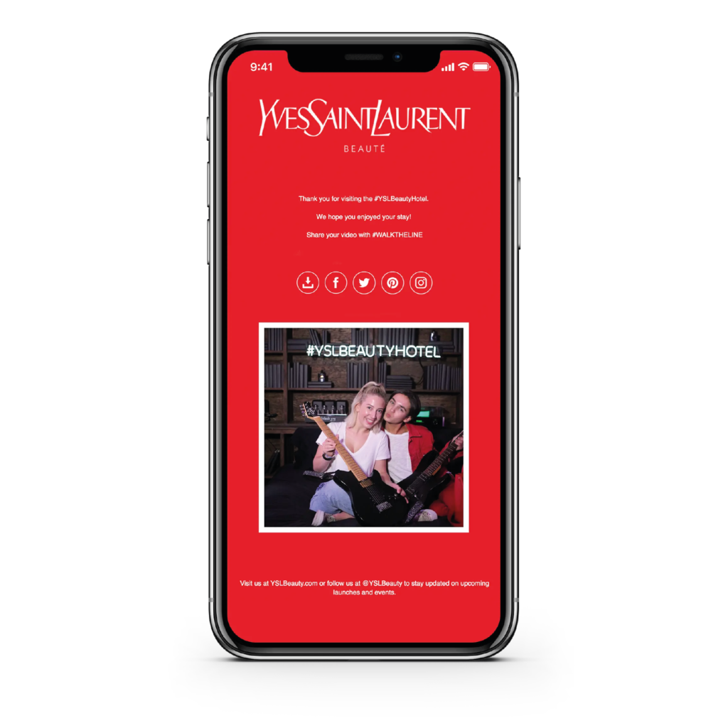 Custom email sending Yves Saint-Laurent. A smartphone screen showing a personalized photo taken at an event, ready for social sharing Yves saint laurent
