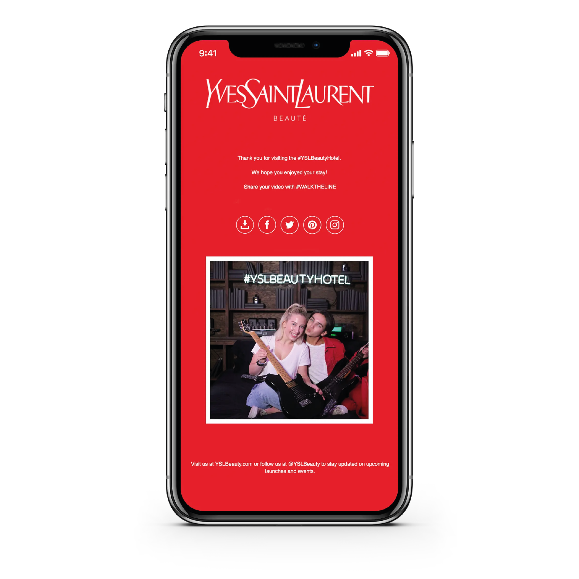 Custom email sending Yves Saint-Laurent. A smartphone screen showing a personalized photo taken at an event, ready for social sharing Yves saint laurent