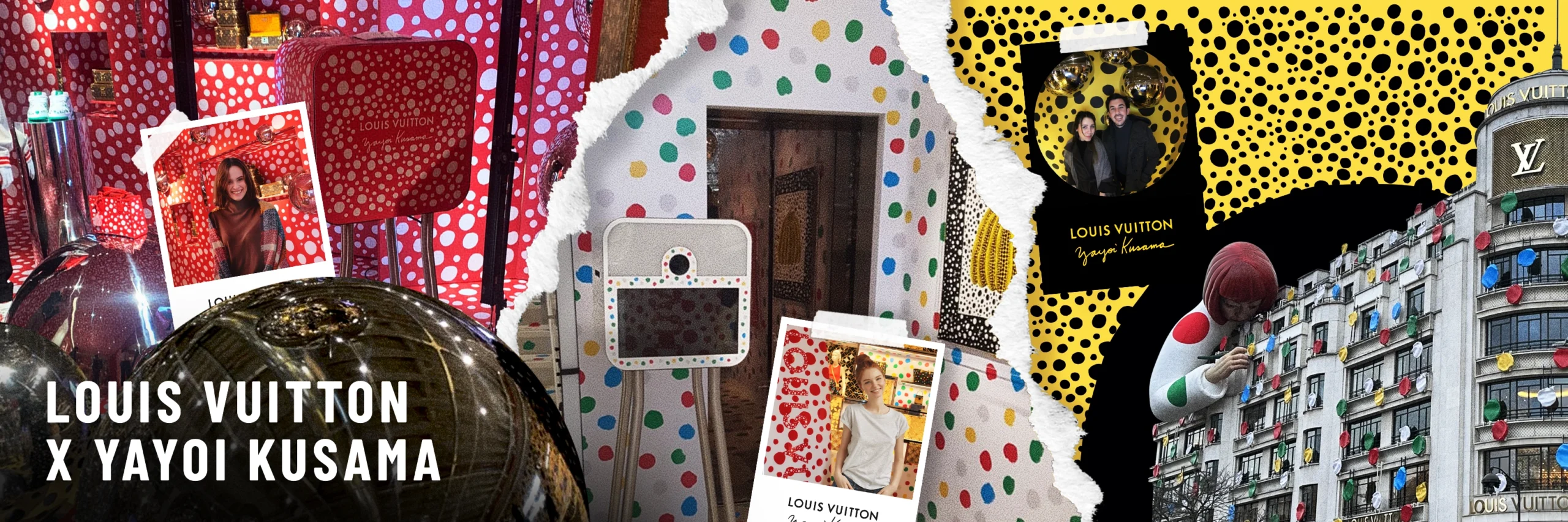 A vibrant montage showcasing a collaboration, with dotted patterns and eclectic designs, interspersed with images our sharingbox photobooth, and a playful figure overlooking a decorated building.