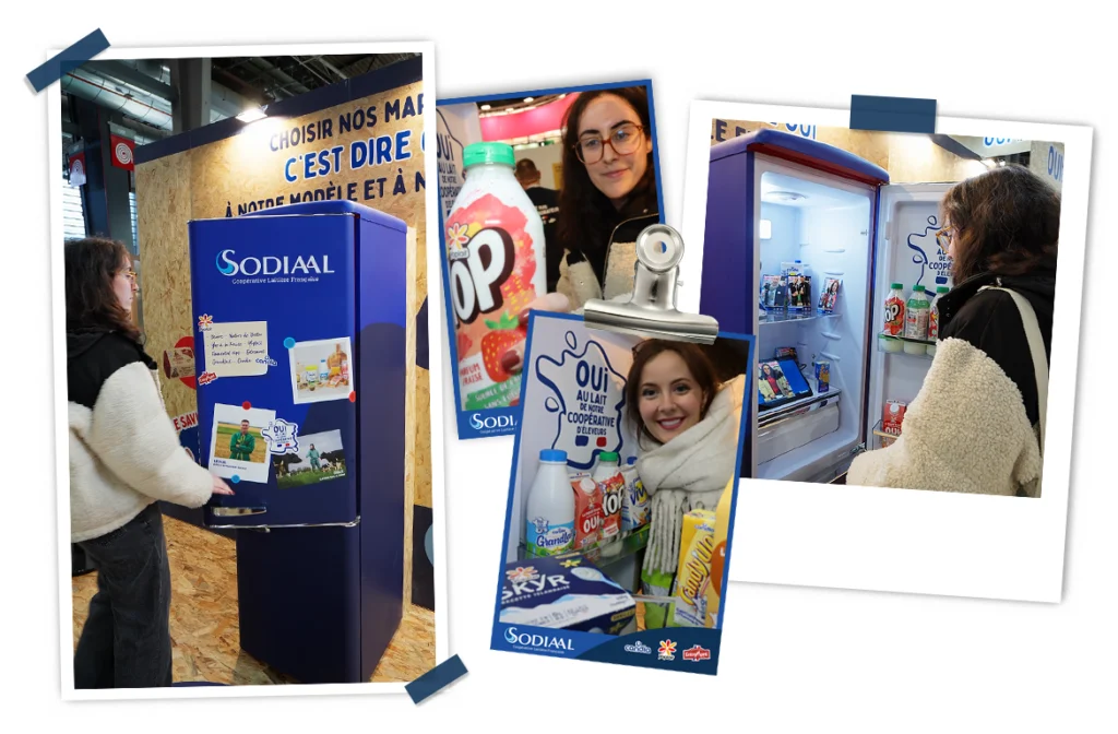 Promoción de la marca mediante una cabina fotográfica Sharingbox para Sodiaal con motivo de una feria, con una nevera de diseño personalizado.